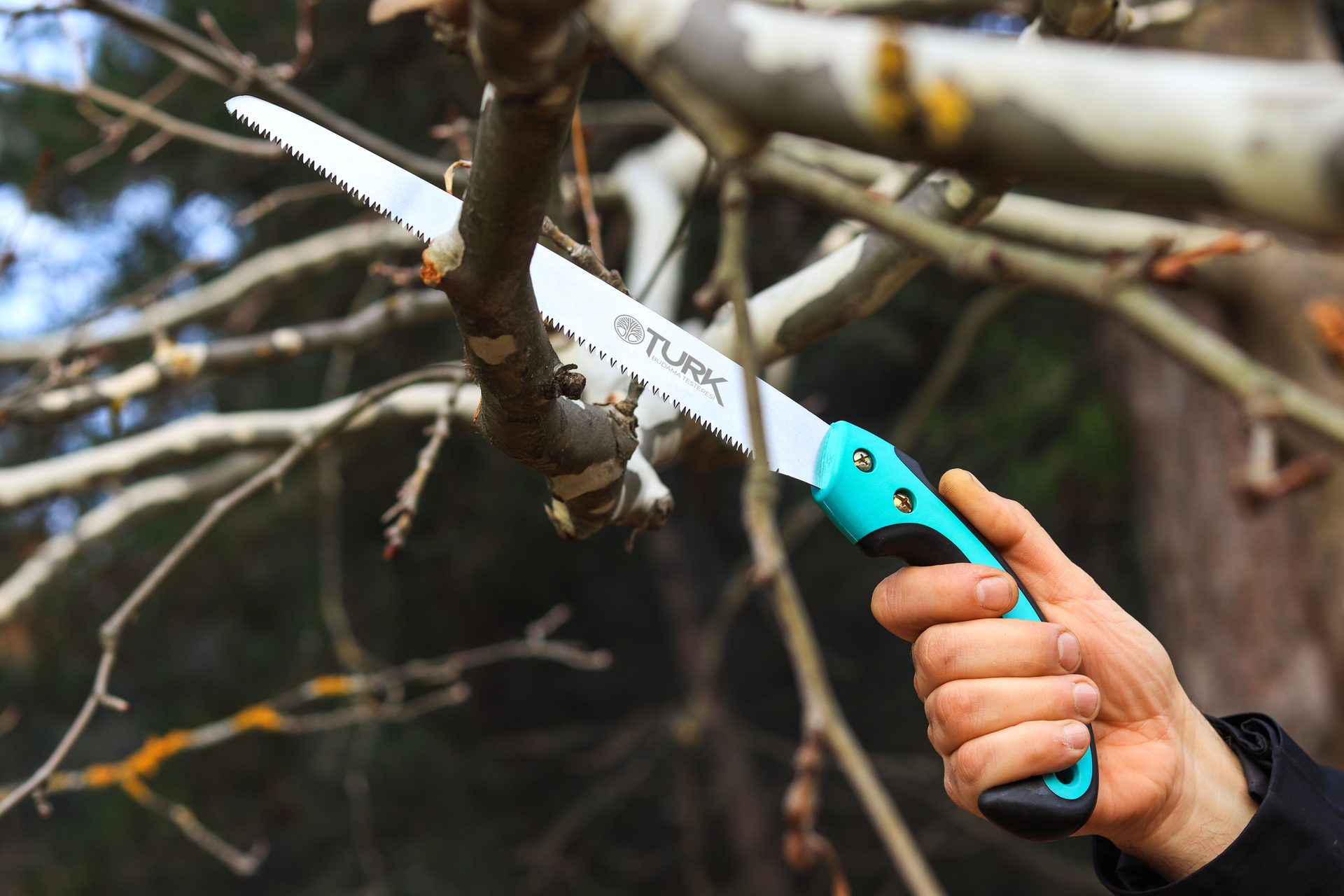 OTURK Budama Testeresi — bıçak ve turkuaz tutaç doğal ortamda